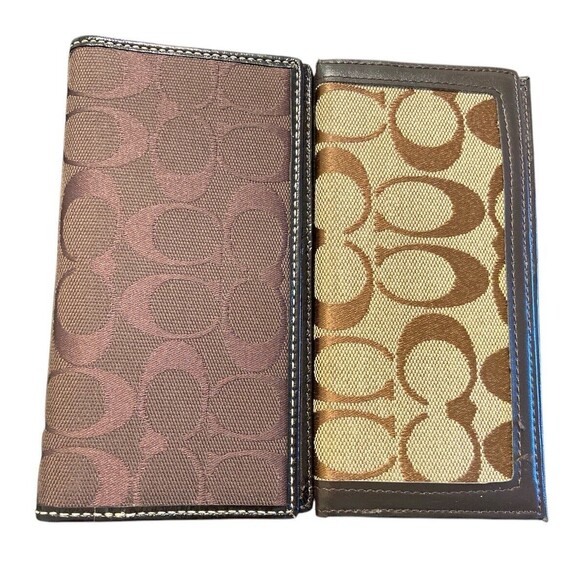 2 Ps Coach Check holders Slim Wallet Signature Logo‎ Canvas Brown - Picture 1 of 9